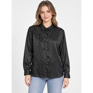 Para Beaded Floral Satin Blouse Womens 10 Black Excellent Long Sleeve Button Up